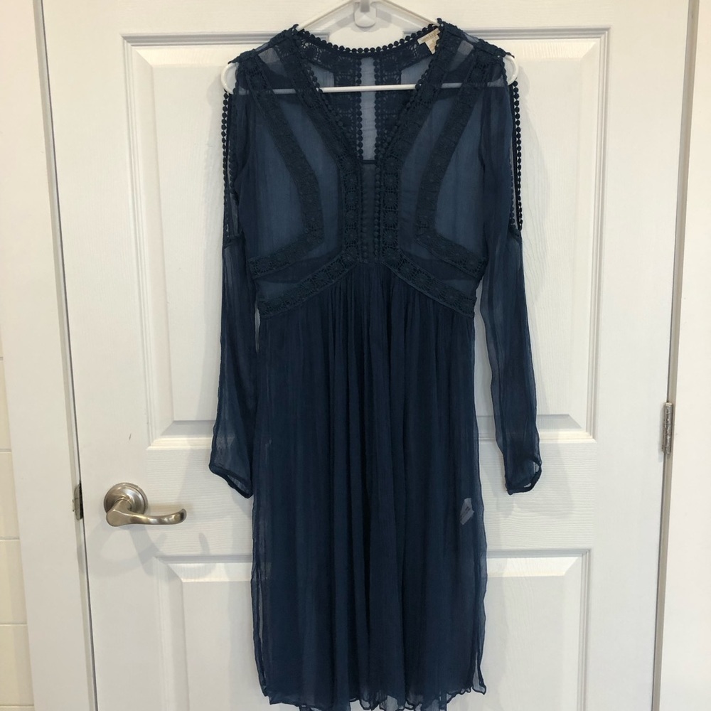 Sundance sheer mesh dress crochet lace trim navy blue